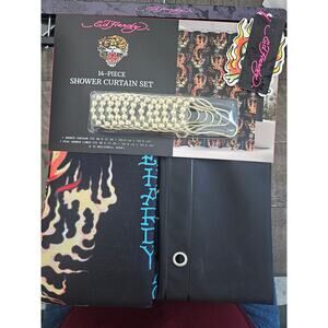 Ed Hardy 14 piece shower curtain set dragon fire roses black flames NWT gold